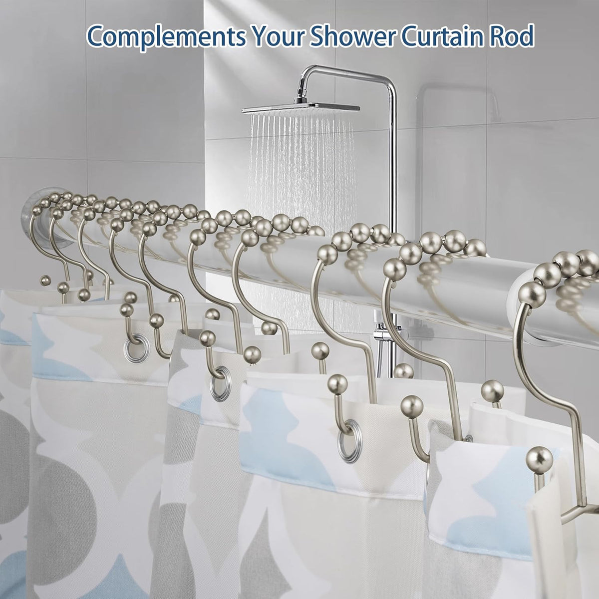 DAWNER Shower Curtain Hooks, Rust Proof Metal Easy Glide Double Rings, Stainless Steel Hangers for Bathroom Curtains, Set of 12, Brushed Nickel (Pack of 3)