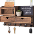 Key Holder for Wall, Key and Mail Holder for Wall with Storage Drawer, Entryway Rustic Home Decor, 3 Liquid Chalks & Chalkboard, 15.98”W x 9.1”H x 3.3”D, Brown