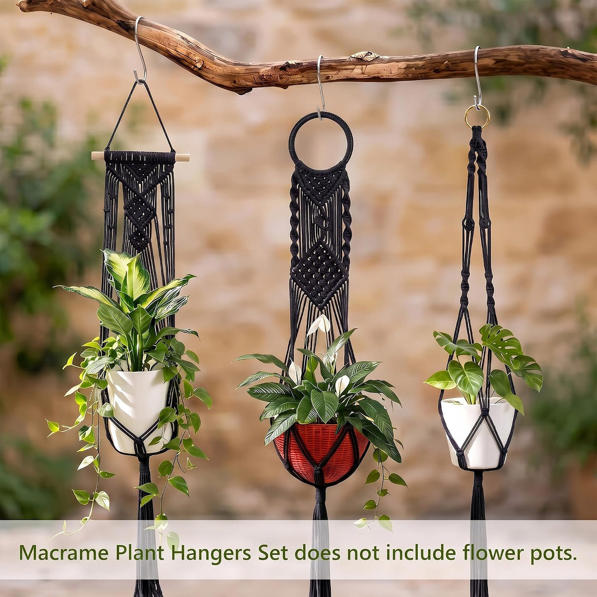 Laerjin Macrame Plant Hangers, 6 Pack Hanging Planters with Hooks, Black