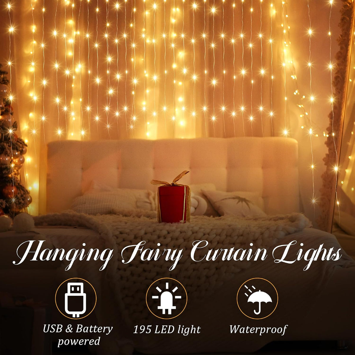 195 LED Curtain Tapestry Lights, 6.5 x 5 ft Backdrop String Lights, 1 Pack