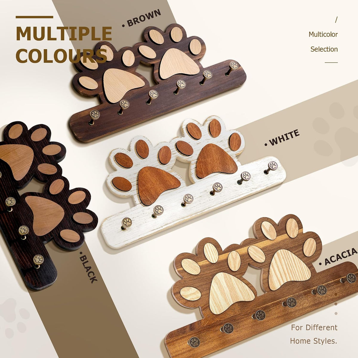 MTERSN Acacia Wood Cute Dog Leash Holder for Wall for Pet Organizer, Brown