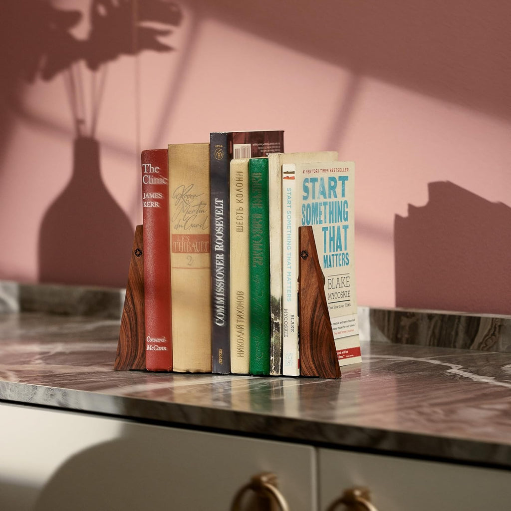 TILISMA Wooden Bookends for Shelves | Sturdy Book Ends with Metal Base