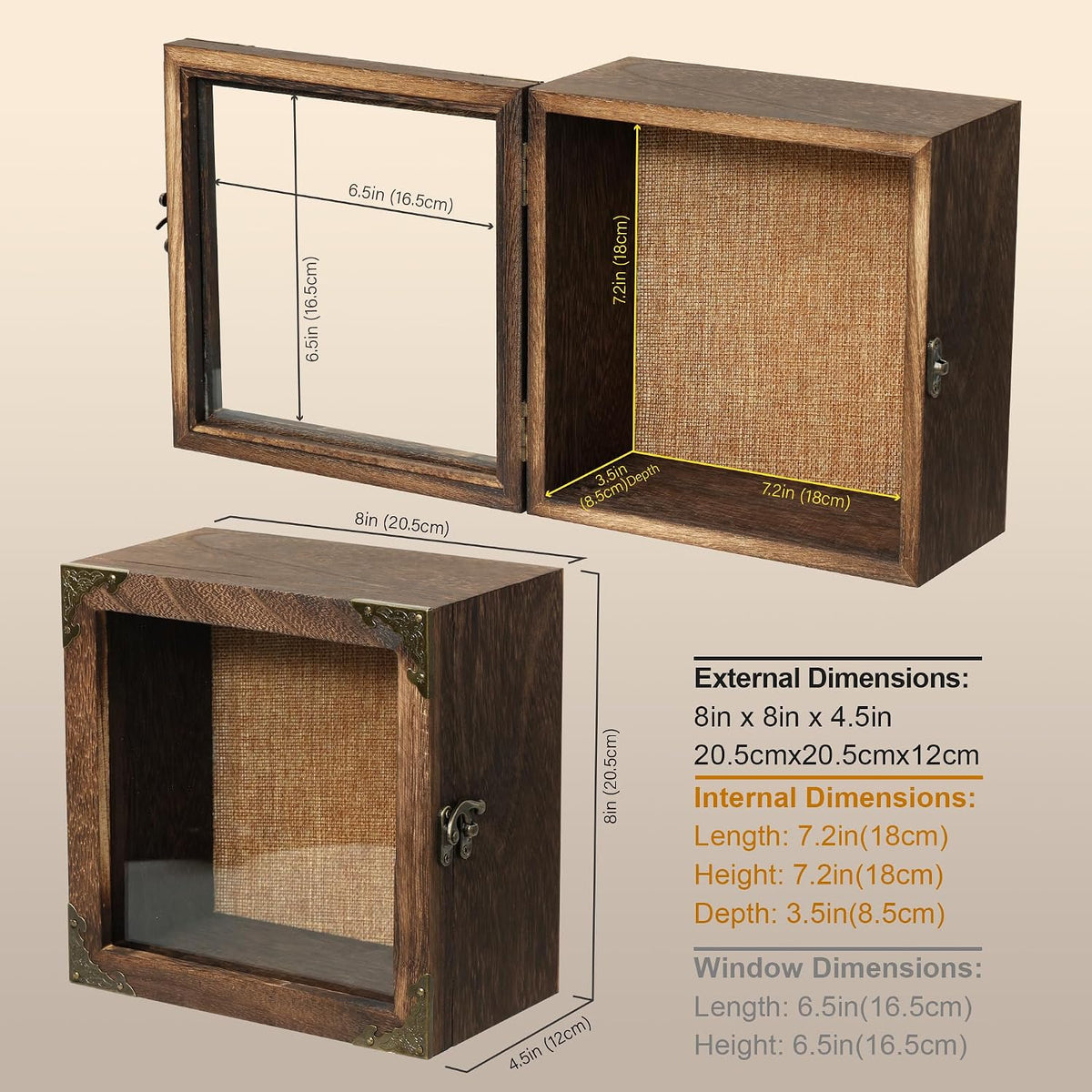 8x8 Deep Shadow Box Frame, 4.7" Depth Rustic Burnt Wood Display Case with Real Glass Door, Vintage Metal Corner Decor, Memory Box for Medals Photos Flowers Awards Wedding Keepsakes