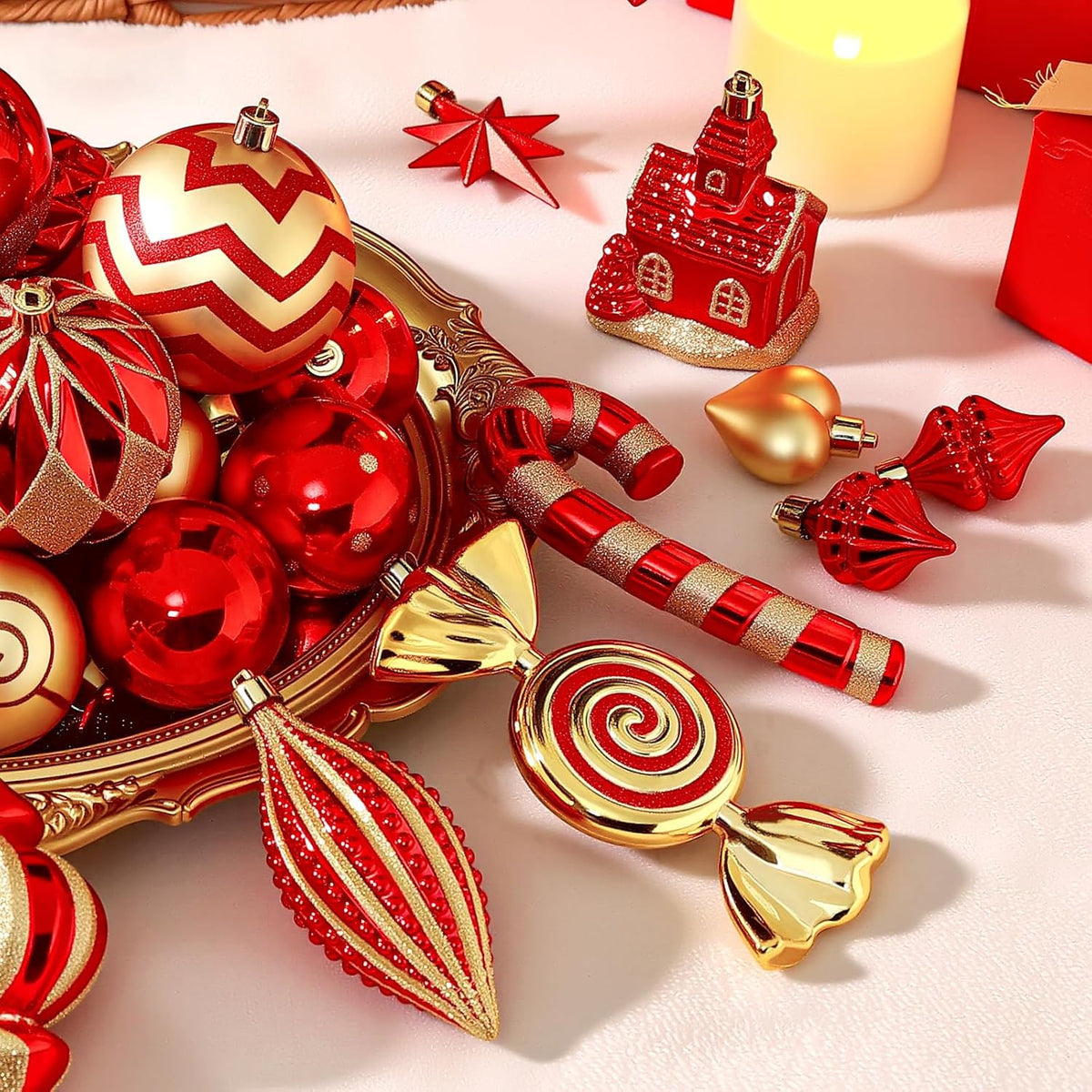 SHareconn 145pcs Christmas Balls Ornaments Set, Shatterproof Plastic Baubles Snowflakes, Stars and Tree Topper for Xmas Tree Holiday Wedding Party Decorations with Hanging Strings, Gold and Red