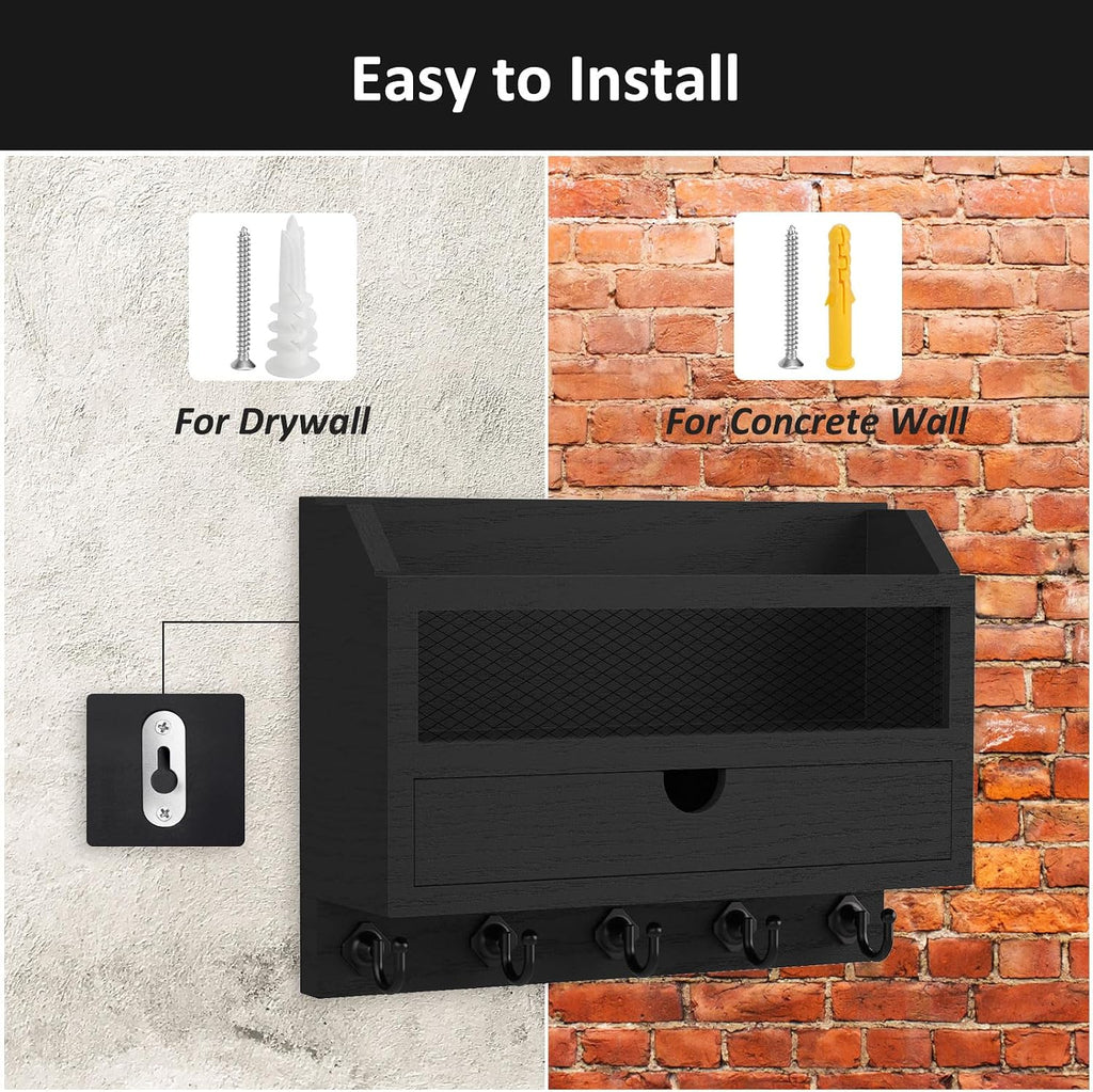 Nekon Key and Mail Holder for Wall, Key Organizer with Drawer, Black