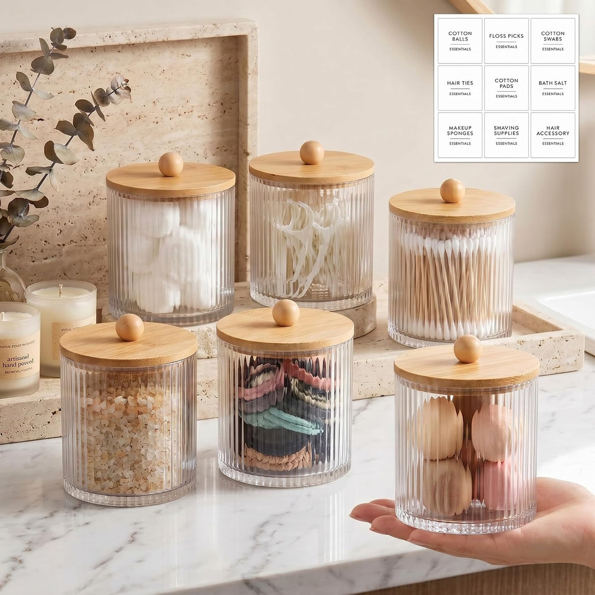 6 Pcs Plastic Holder Dispenser Bathroom Jars Bamboo Lids 18 oz, Wood Color