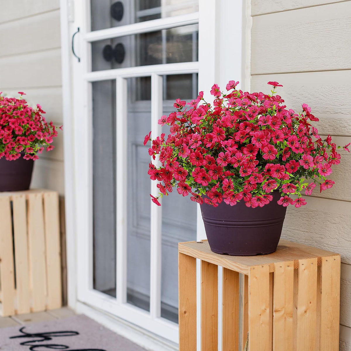 Sggvecsy Artificial Flowers for Outdoors 12 Bundles Realistic Faux Plants UV Resistant Fake Silk Daisy with Eucalyptus for Boxwood Planter Patio Porch Outside Spring Summer Decoration(Rose Red)