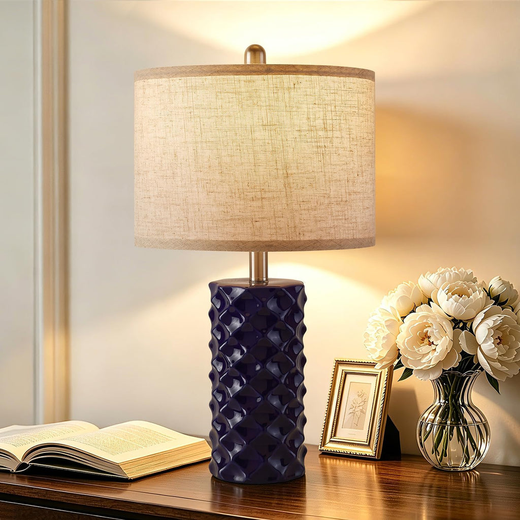 Star Diamond Ceramic Table Lamps Set of 2 - Dark Blue Nightstand Lamps 23"