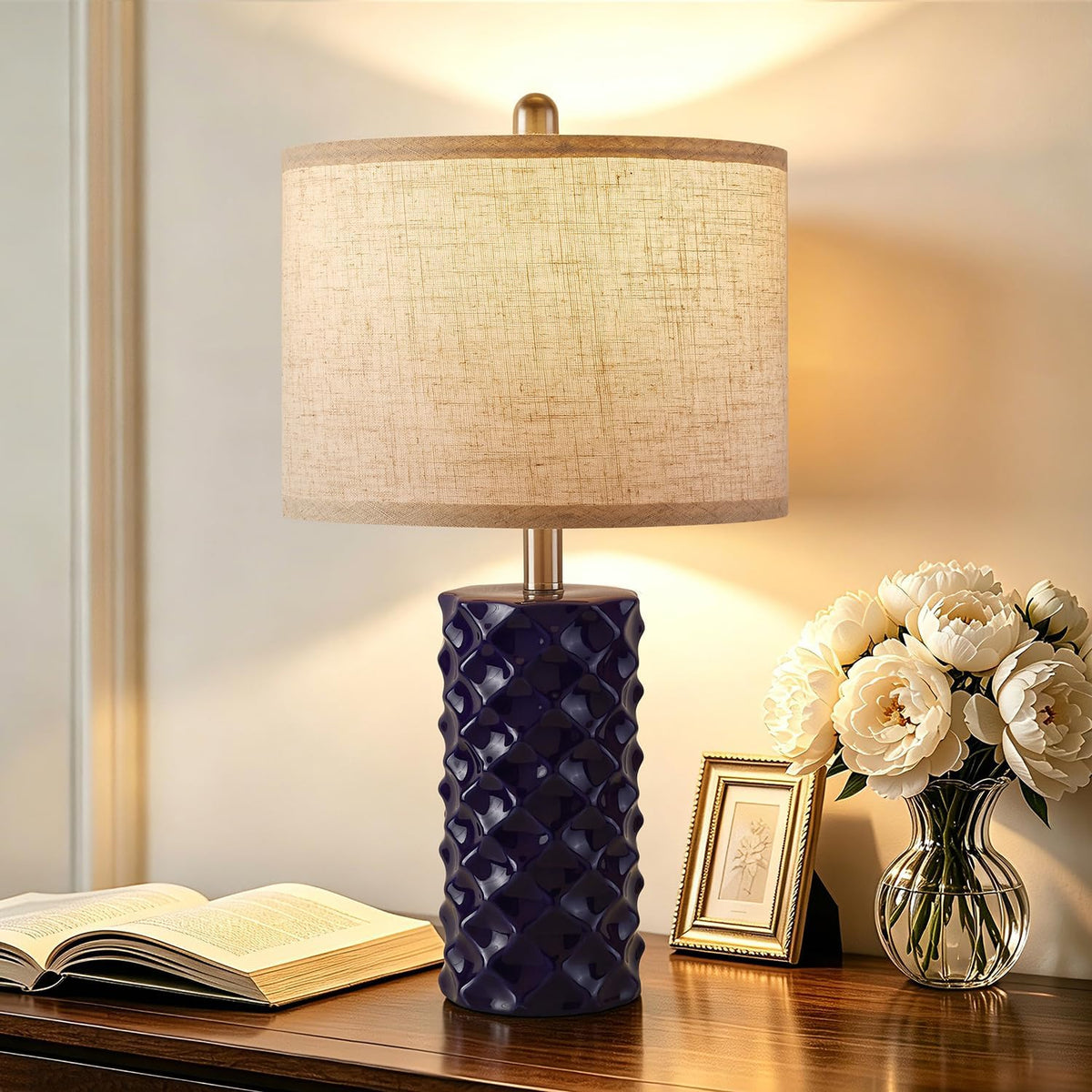 Star Diamond Ceramic Table Lamps Set of 2 - Dark Blue Nightstand Lamps 23"