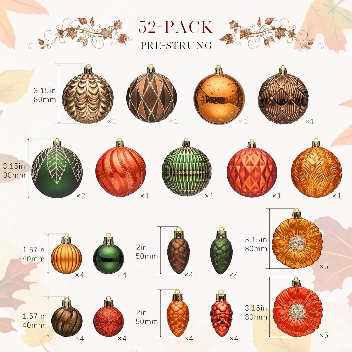 JORNOY Fall Ornaments for Tree, Shatterproof Plastic Harvest Decorations with Hanging String, Rustic Balls Baubles Bulk for Thanksgiving Home Decor, 52 Pack, Orange