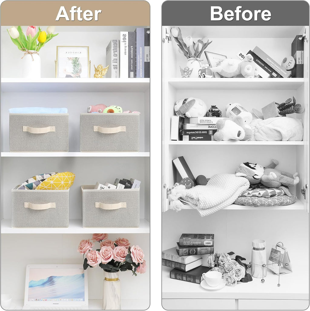 11 inch Storage Baskets, Woven Fabric Bins, Storage Cubes with Reinforced Handles, Organizer Bins for Closet Shelves, Foldable, for Clothes (Beige, 4PCS/11*11*7.8inch)
