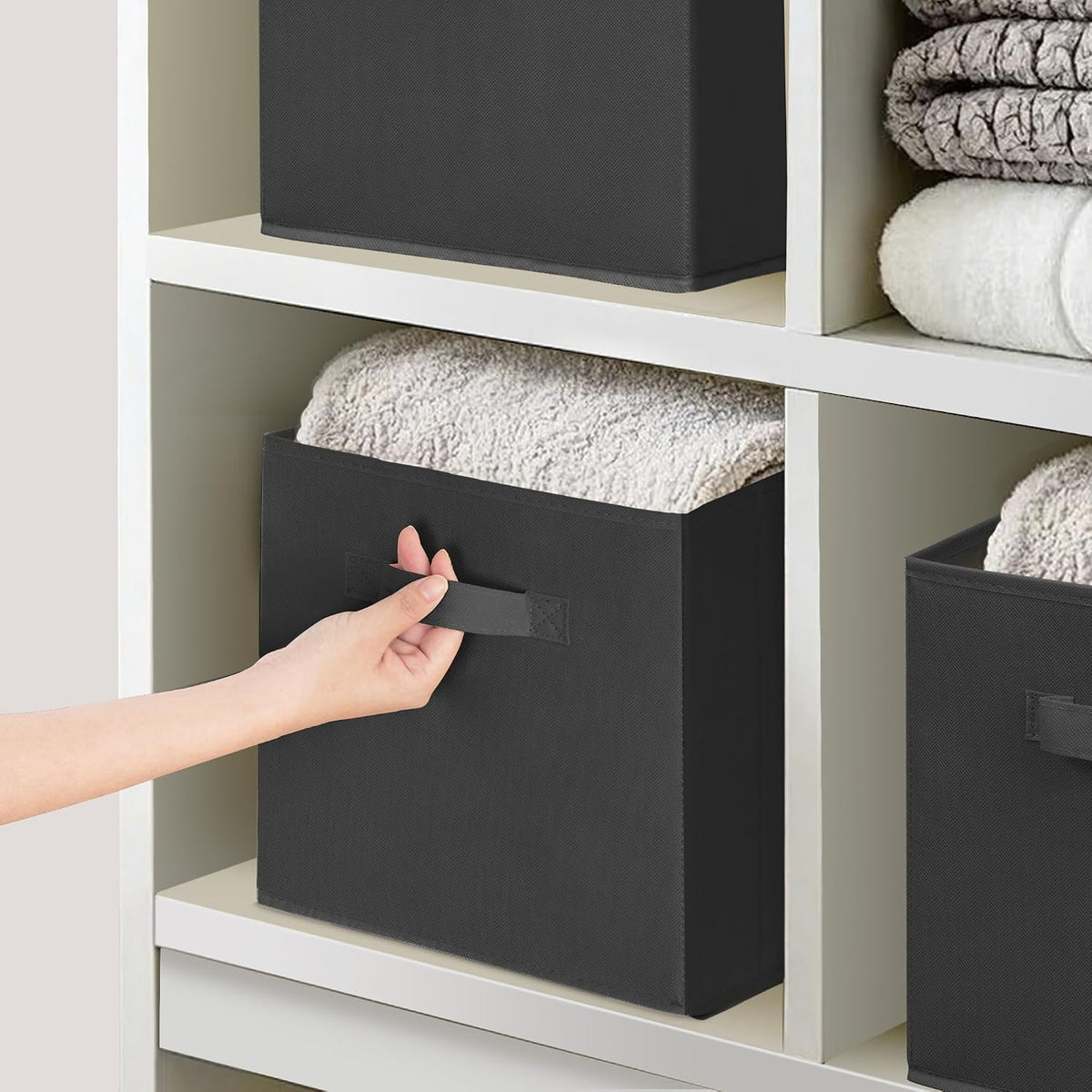 Easi Storage Cubes, 11 Inch Storage Bins, Set of 6, Foldable Fabric Cube Storage Organizer With Handles, Closet Cube Storage Bins, Collapsible Cubby Storage Organizer for Shelves,Offices, Black