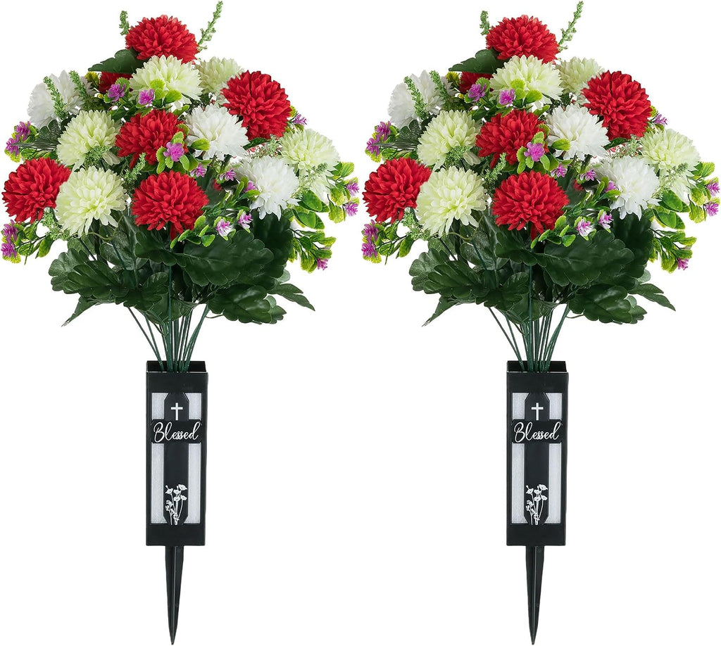 Artificial Cemetery Flowers for Grave: Fake Mums, 2 Pcs, 18 Heads