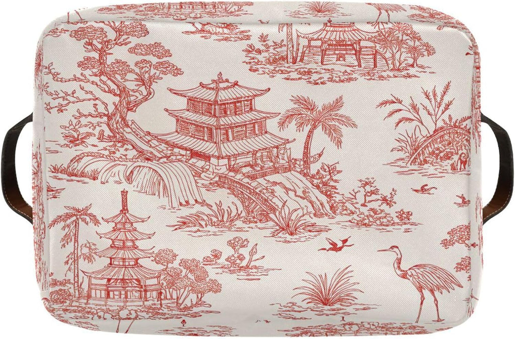 Chinoiserie Style Storage Baskets,Decorative Collapsible Rectangular Canvas Fabric Storage Bin for Home
