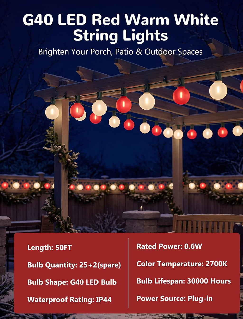 50FT 25 LED Frosted Red and White Christmas Lights Outdoor, G40 Globe Bulbs