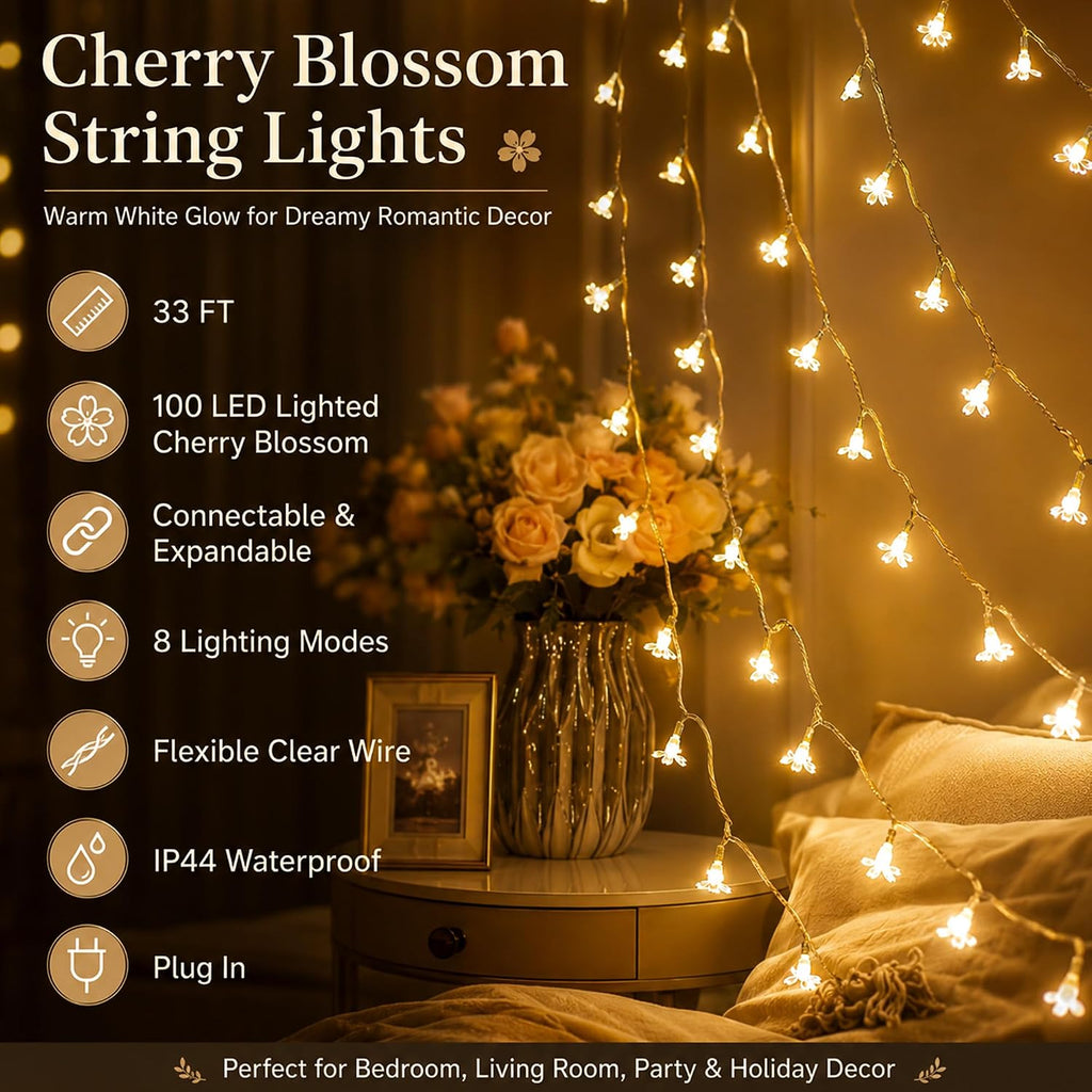 33ft Plug in Warm White Flower Fairy Lights String Christmas Hanging Decor