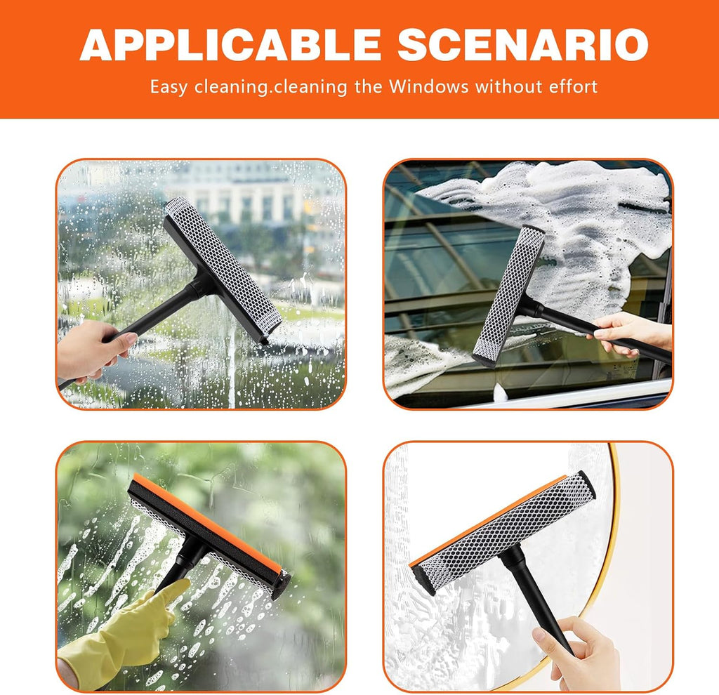 2 in1 Window Squeegee for Car, Window Cleaner with 16inch Long Handle,Sponge Car Window Squeegee for Gas Station, Glass,Shower,Outdoor High Window Cleaning (Pack of 2)