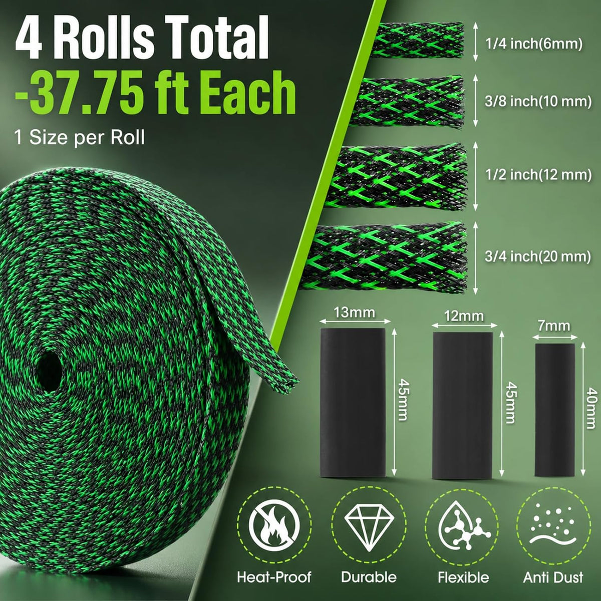 Tatuo 151 ft Braided Cable Sleeve Expandable Wire Sheathing(Green, Black)