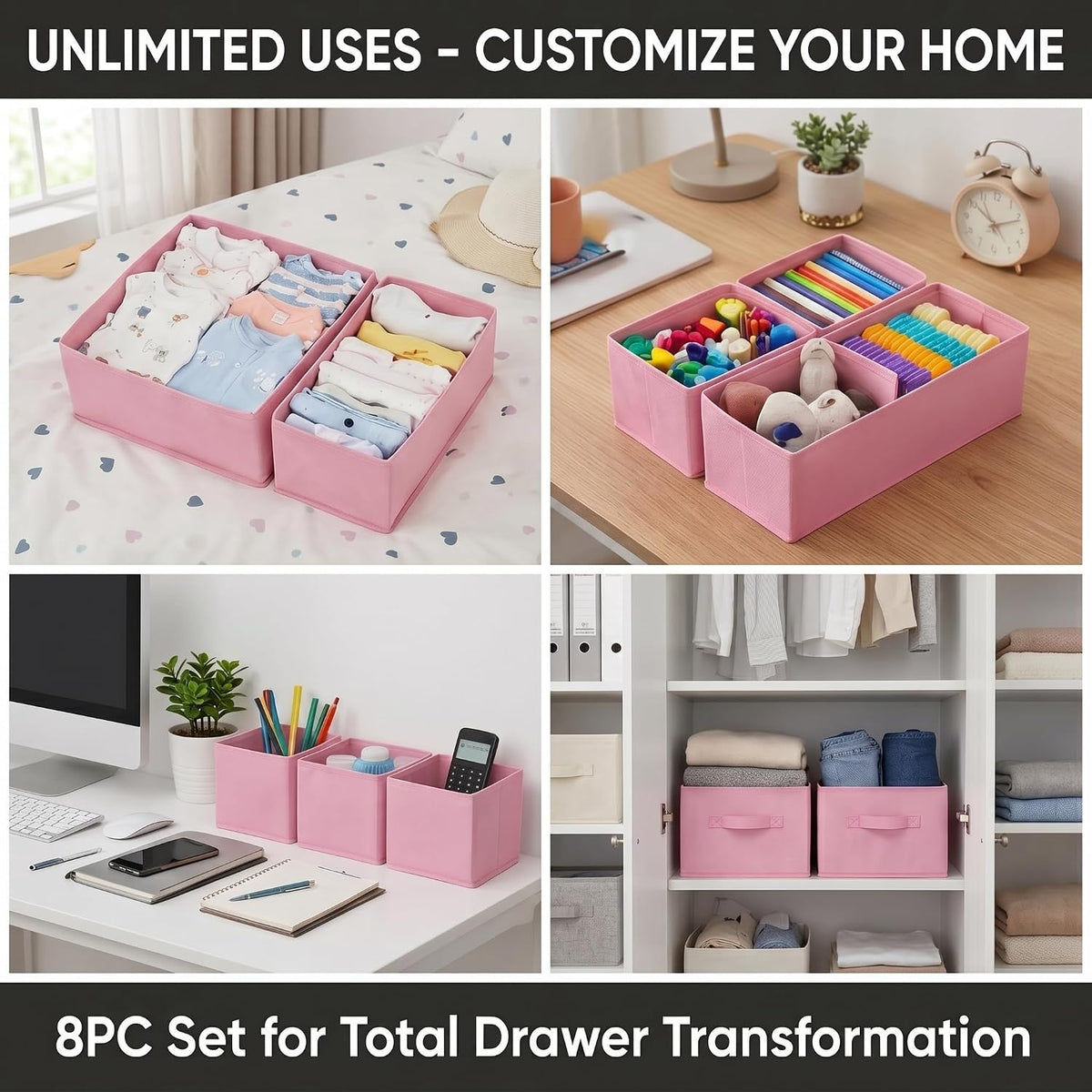 Drawer Organizer for Clothes, 8 Pack Pink Fabric Dresser Organizer Bins