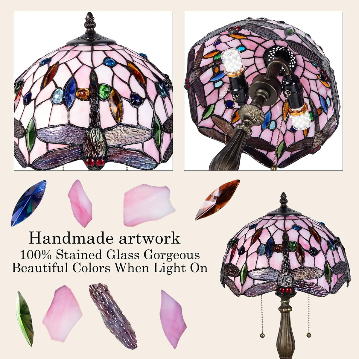 Tiffany Table Lamp, Pink Dragonfly Stained Glass Lamp,12 Inch Tiffany Style Lamp for Bedroom Living Room Home, Handcrafted Light, Included Bulb