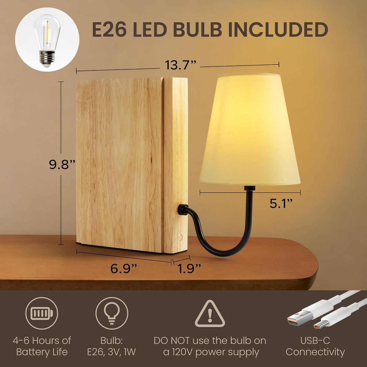 AELS Solid Wood Bookshelf Lamp with Bulb, Cordless Rechargeable Touch Dimmable Table Lamp with Linen Fabric Shade, Modern Decorative Bookend Lamp for Bedroom, Office & Bookshelf Decor, Natural