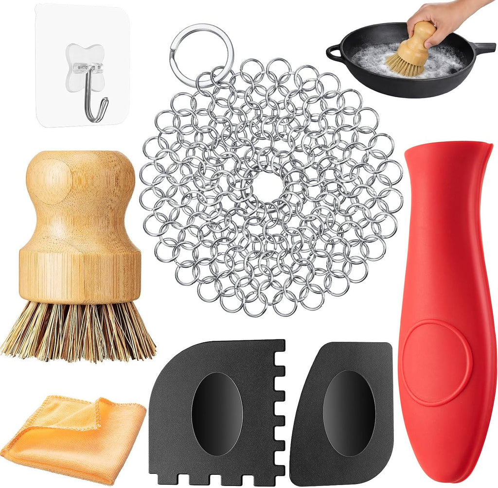 Patelai 7 Pcs Cast Iron Cleaning Kit,Chainmail Scrubber Brush,Bright Color