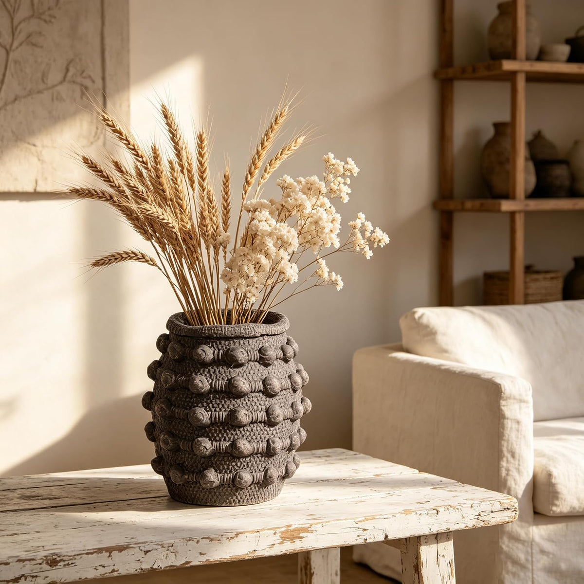Rustic Farmhouse Vase, Boho Brown Vases for Pampas Grass Small Textured Knotted Vase for Flowers Decorative Cement Floral Vases for Home Decor, Living Room, Dining Table