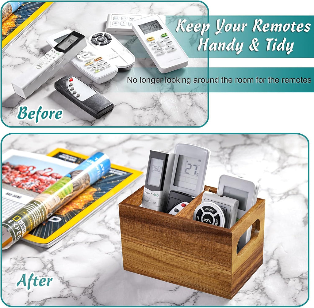DRASTAR Remote Control Holder, Wood TV Remote Holder, Remote Storage Caddy, Remote Control Organizer (Acacia, 2 Slots)