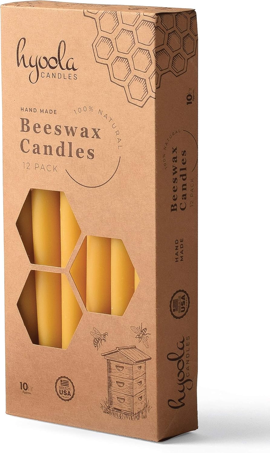 Hyoola 10 Inch Beeswax Taper Candles - 12 Pack - Handmade, All Natural, 100% Pure Unscented Bee Wax Candle - Tall, Decorative, Golden Yellow - 10 Hour Burn Time