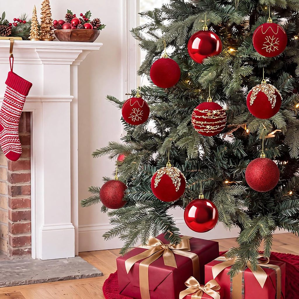 Syhood 12 Pcs Burgundy Velvet Christmas Ball 3.15 Inch Flocked Ornament