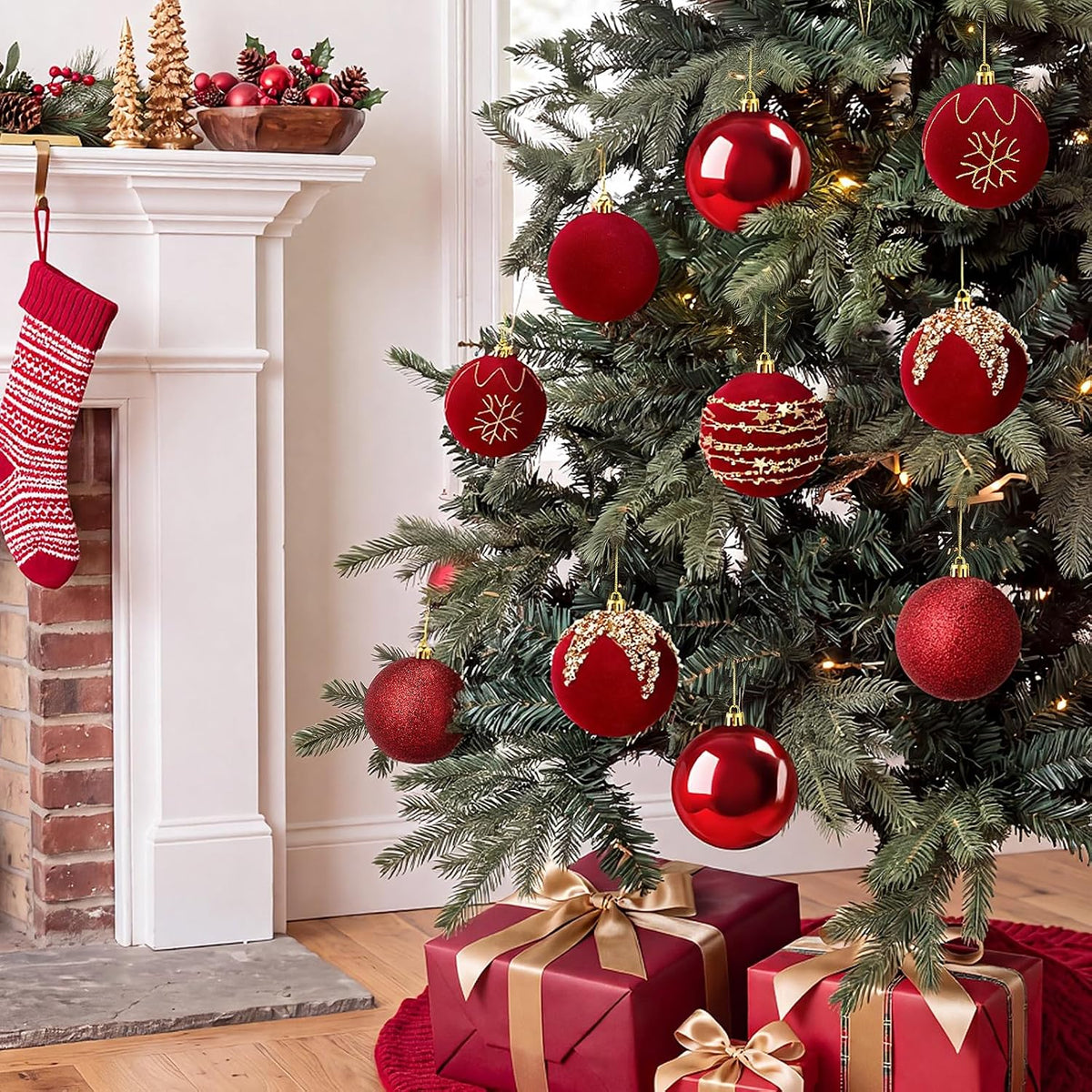 Syhood 12 Pcs Burgundy Velvet Christmas Ball 3.15 Inch Flocked Ornament