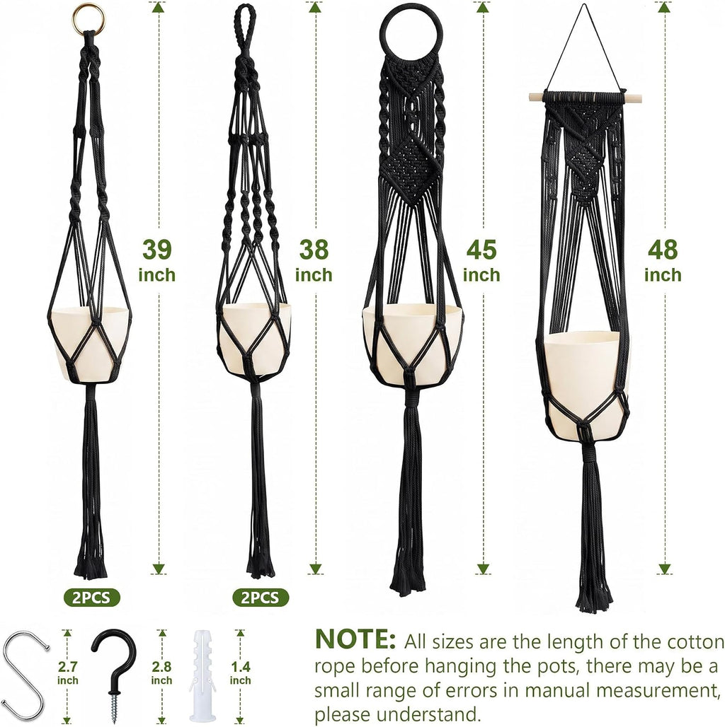 Laerjin Macrame Plant Hangers, 6 Pack Hanging Planters with Hooks, Black
