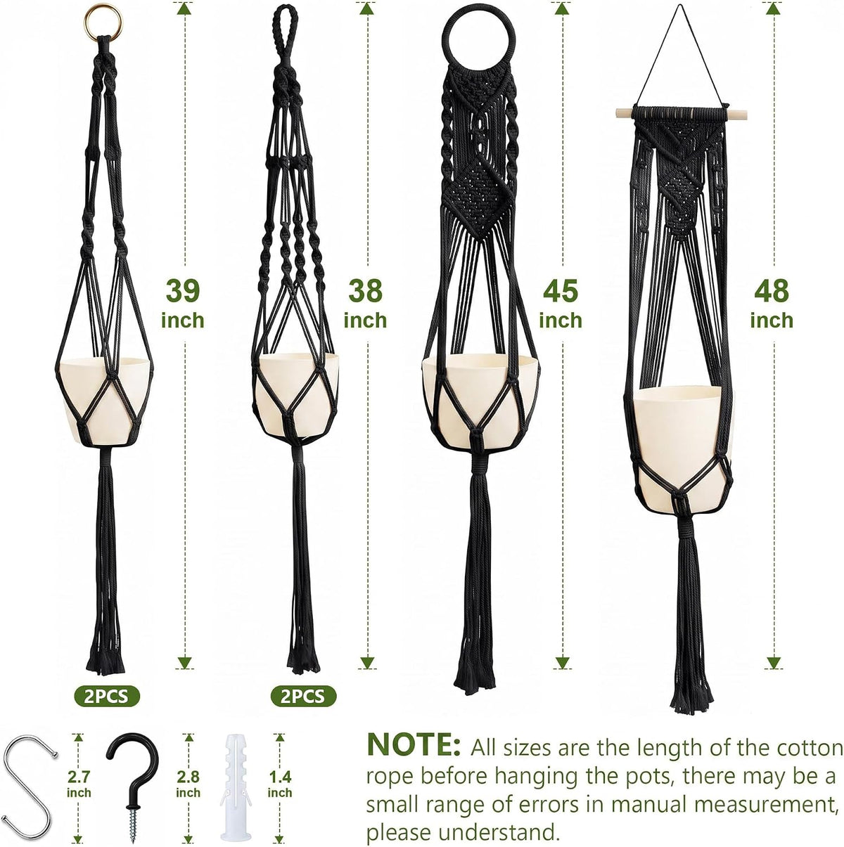 Laerjin Macrame Plant Hangers, 6 Pack Hanging Planters with Hooks, Black
