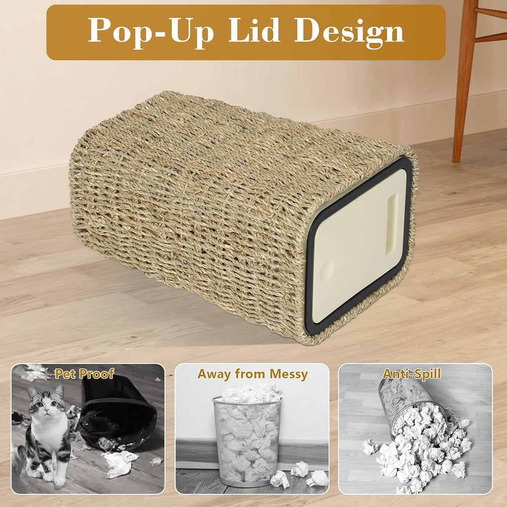 Trongee Boho Trash Can with Lid,3 Gallon Small Rattan Trash Can with Press Top Lid,Slim Wicker Waste Basket and Hamper 2 in 1 for Bathroom,Seagrass Woven Garbage Can Trash Basket for Bathroom,Kitchen