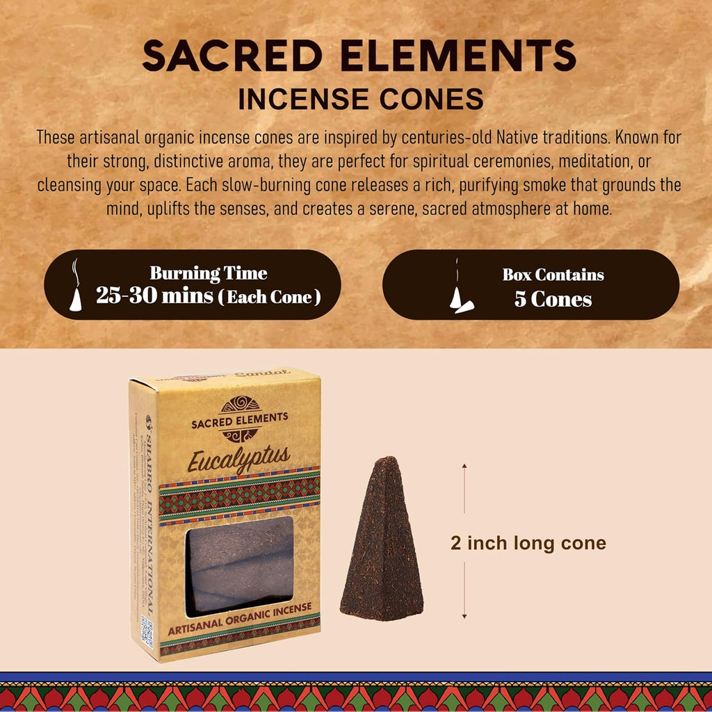 Sacred Elements Organic Incense Cones – Eucalyptus Scent (Pack of 4) | Natural Aromatherapy for Relaxation & Focus | Handcrafted, Low Smoke, Long-Lasting Fragrance for Home & Workspace