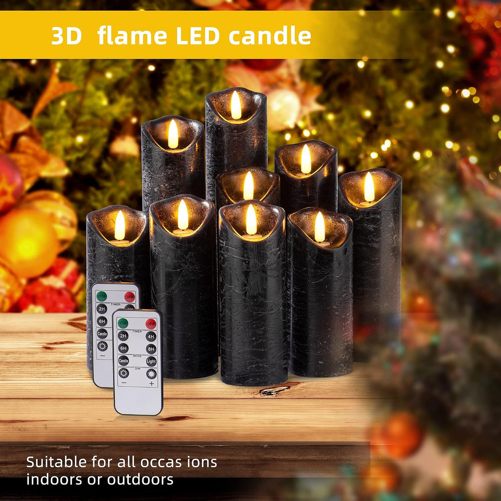 Hausware Set of 9 Flameless Candles Battery Operated LED Real Wax Flickering Electric Candles with Remote Control Timer for Wedding Birthday Halloween Christmas Decorations (Black Color)