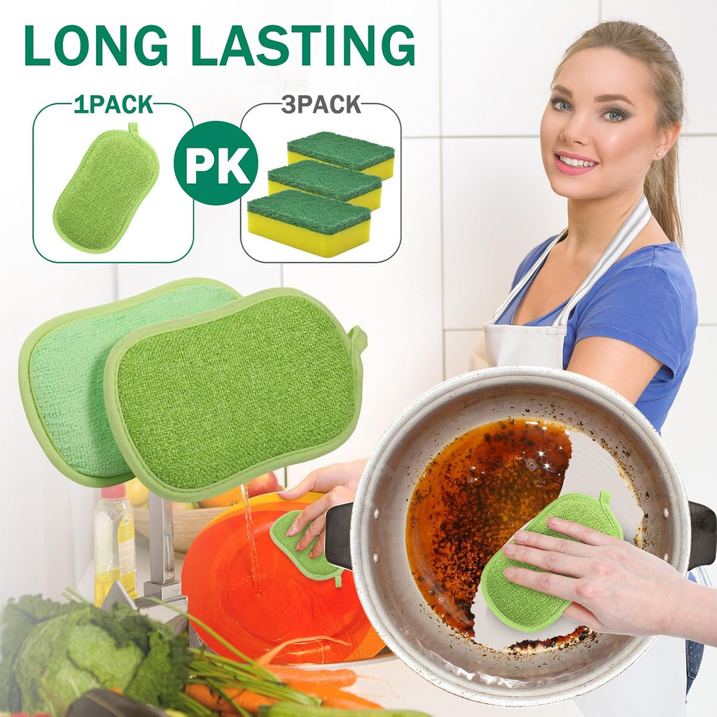 24 Pcs Reusable Scrub Sponges, Microfiber Washing Dish Scrubber, Green