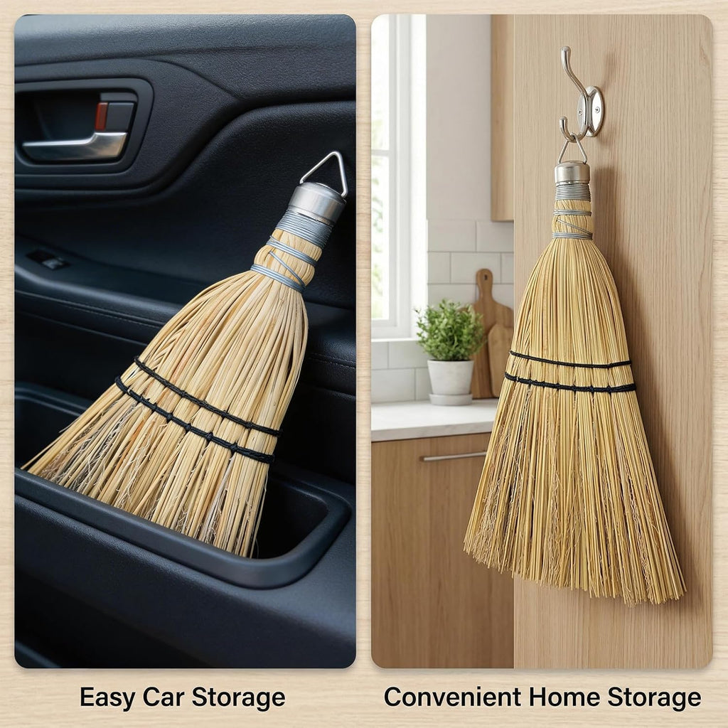 12" Hand Held Whisk Broom 2 Pack, Natural Handmade Corn Mini Broom with Stiff Bristles, Small Straw Sweeping Brush for Fireplace, Car Detailing, Workbench & Farmhouse Decor