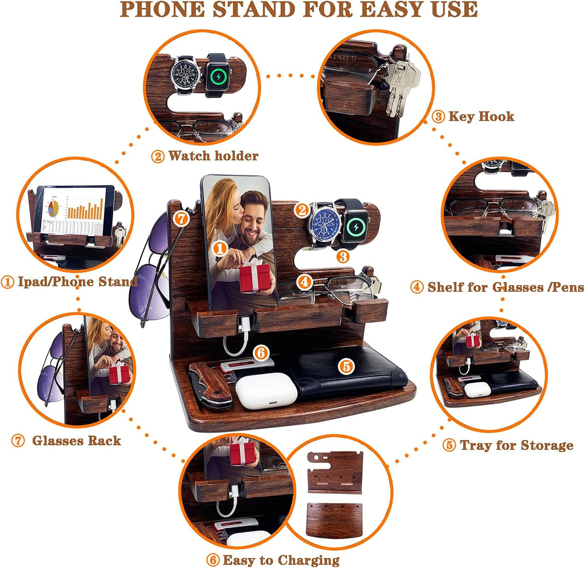 VEIYAILU Gifts for Men Women Dad Husband Son Boyfriend Him Desk or Nightstand Organizer Birthday Gifts Wood Phone Docking Station Anniversary Idea from Wife - Key Holder, Watch (Dark Brown)