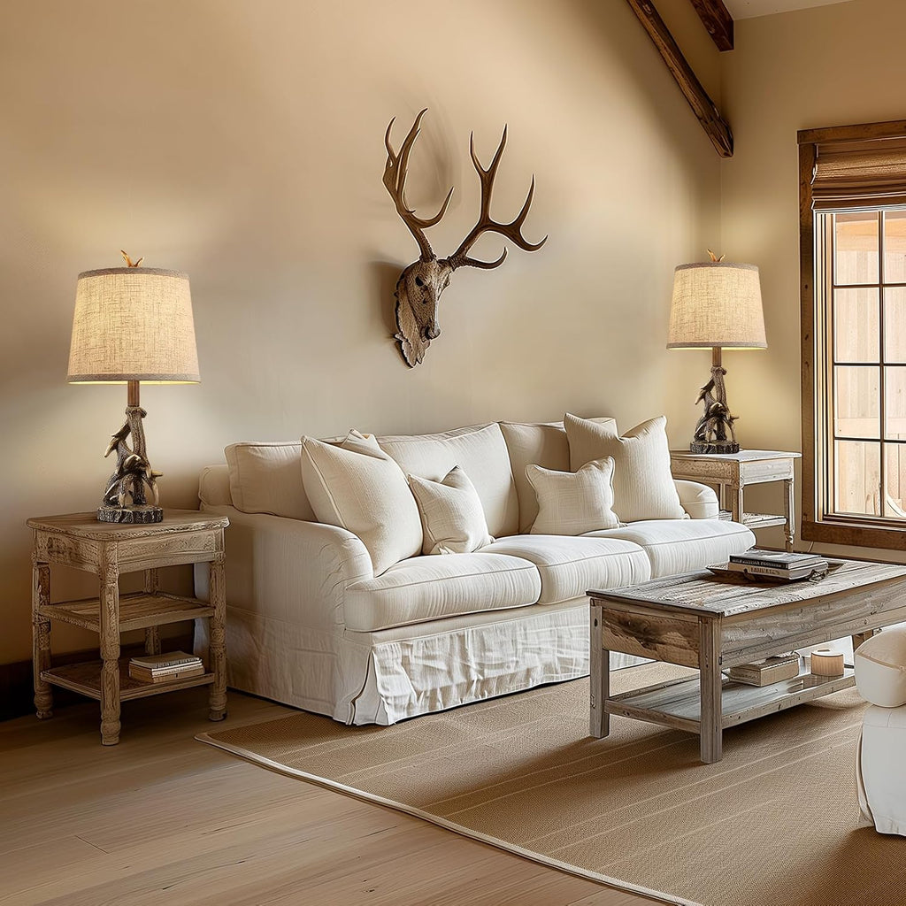 23'' Rustic Farmhouse Table Lamps Set of 2 Deer Antler Lamps for Bedroom Nightstand Lamp Western Cabin Side Lamp for Living Room End Table Study Room Desk,Brown
