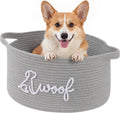 OIAHOMY 22L Large Dog Toy Basket, 16.5"x11.4"x9" Cotton Rope Basket with Cute Woof Embroidery, Soft Woven Pet Toy Box with Handles for Blankets, Leashes & Puppy Accessories, Decorative Organizer Gray