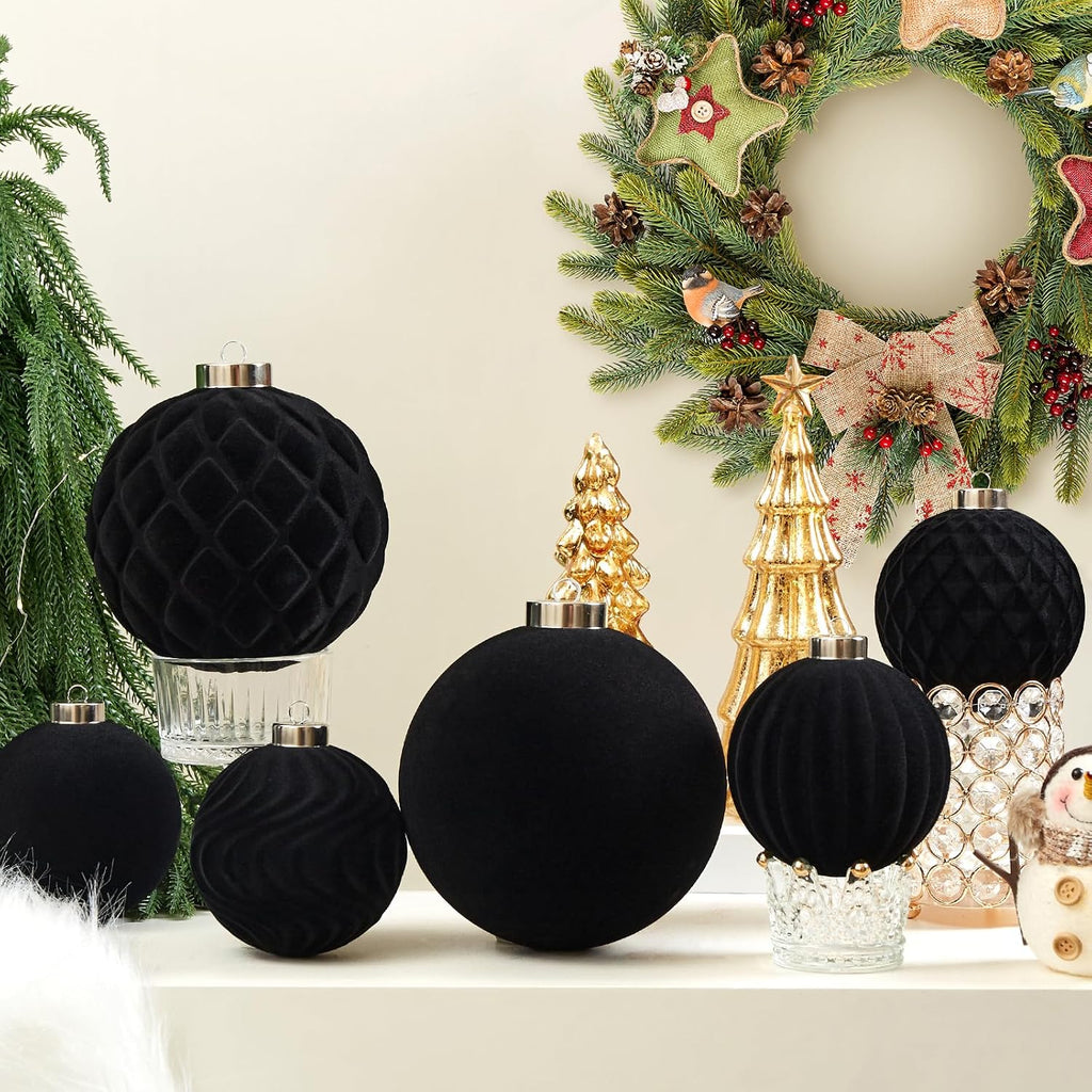 Large Velvet Christmas Ball Ornaments - 4 Inch Flocked Christmas Balls Shatterproof Decorative Hanging Ornaments Set for Xmas Tree Holiday Wedding Party Decor (Black, 4pcs)