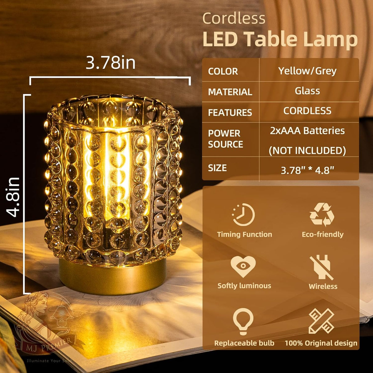 Battery Operated Lamp Timer, Small Cordless Lamp Decorative, Gray