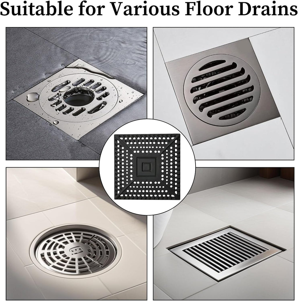 Square Silicone Shower Drain Hair Catcher, Black
