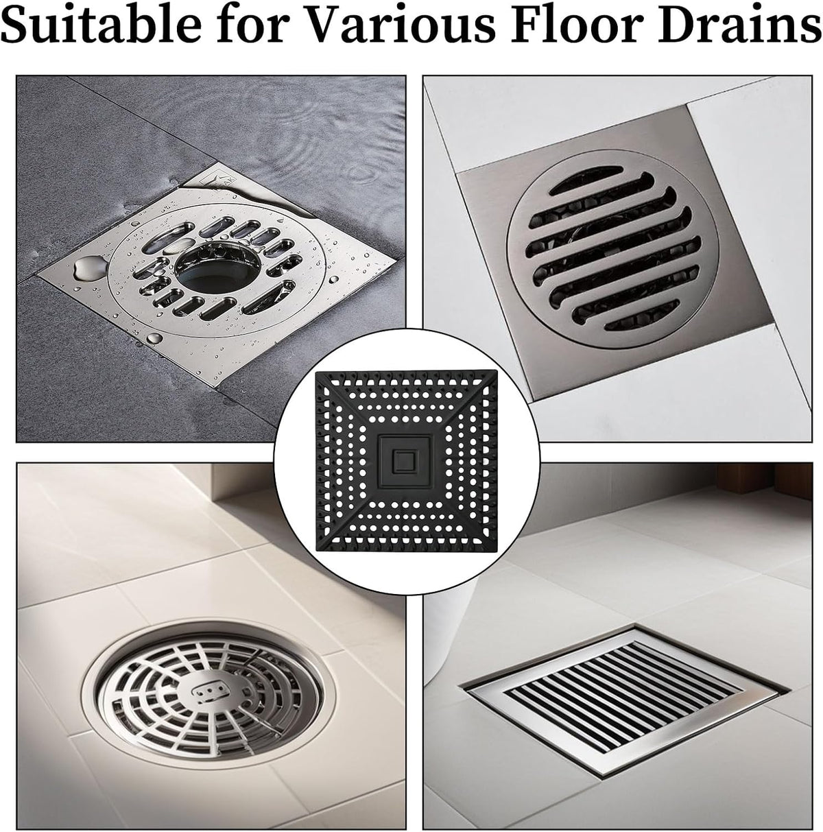 Square Silicone Shower Drain Hair Catcher, Black