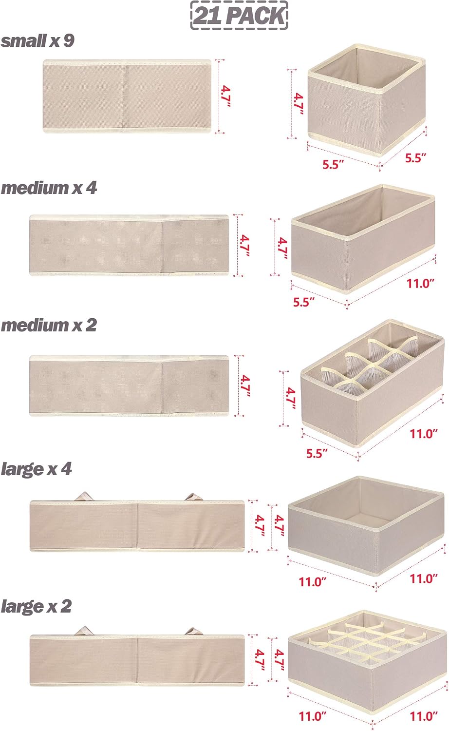 TENABORT 21 Pack Foldable Drawer Organizer Dividers Cloth Storage Box Closet Dresser Organizer Cube Fabric Containers Basket Bins for Underwear Bras Socks Panties Lingeries Nursery Baby Clothes Beige