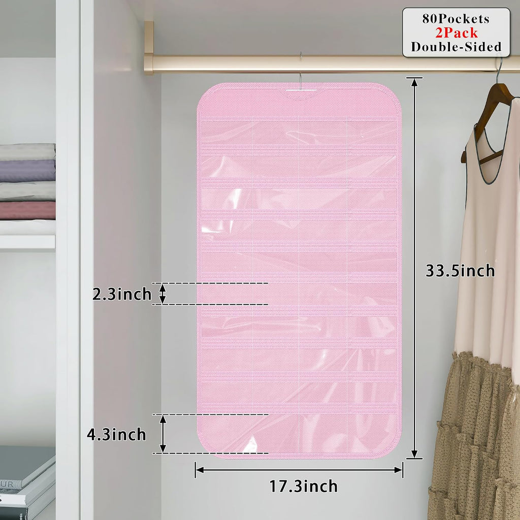 Hanging Jewelry Organizer 80-Pocket Double-Sided Storage, 2-Pack, Pink