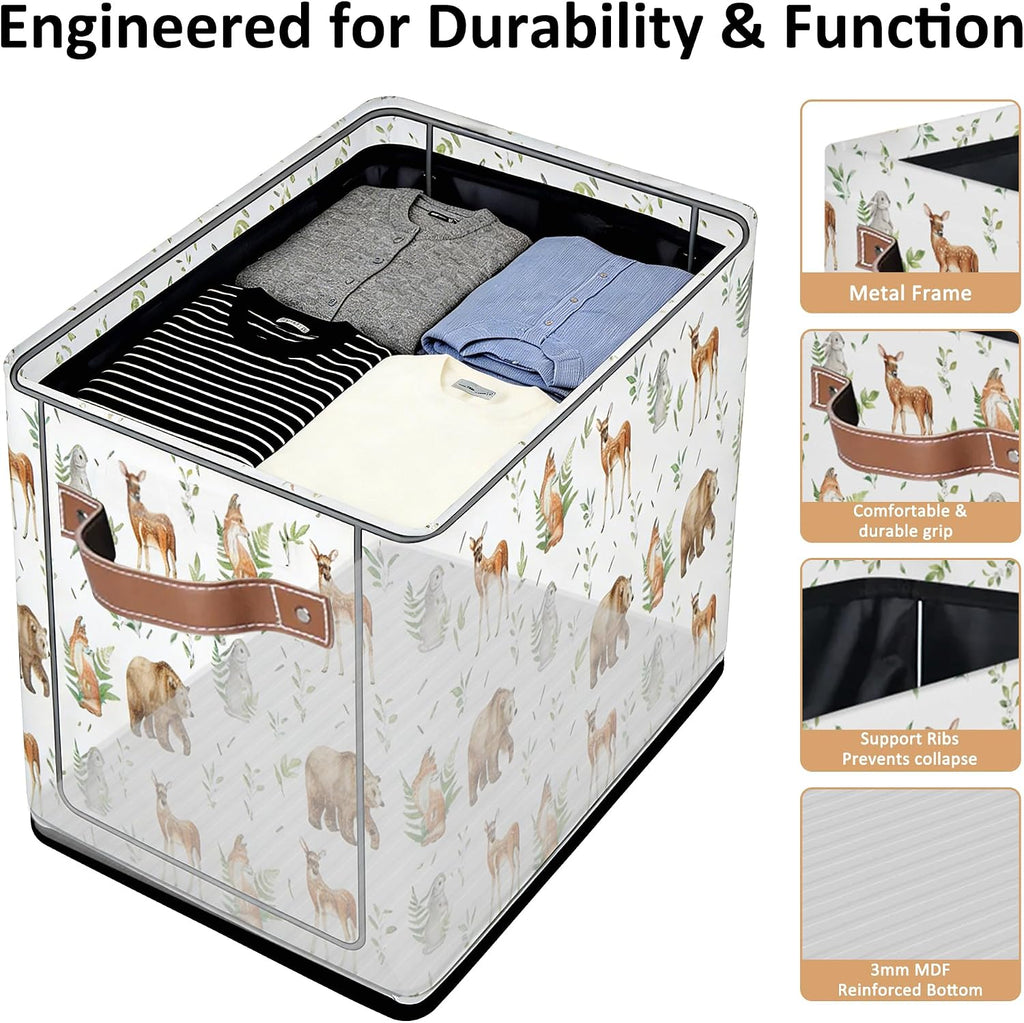 Rectangular Kids Bear Storage Basket Bins - Waterproof Foldable Woodland Animals Storage Box with Sturdy Metal Frame and Handles, Collapsible Organizer for Toys, Blankets in Kids Room Playroom Nursery