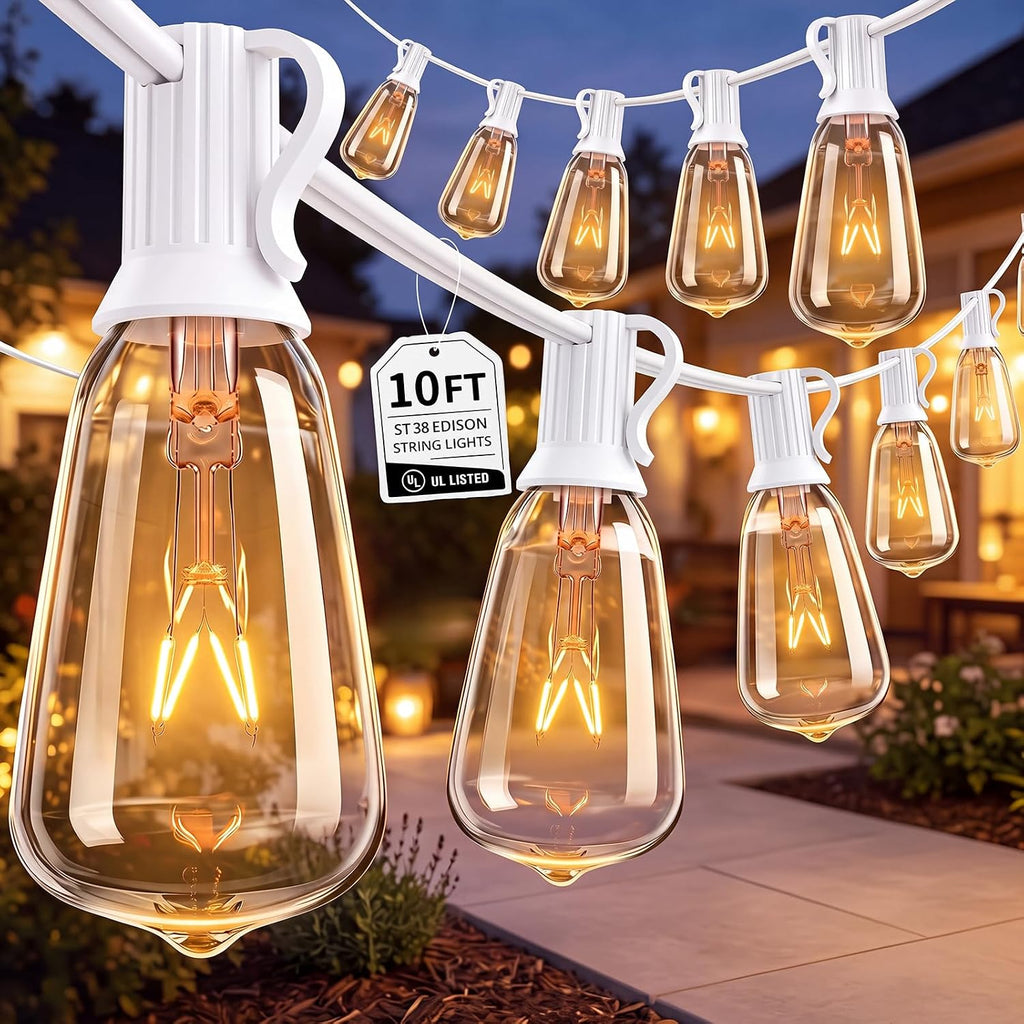 Abeja 10FT ST38 Outdoor Edison String Lights, White Wire Patio Lights with 11 Clear Vintage Bulbs (1 Spare), 7W E12/C7 Base, UL Listed Connectable Hanging Lights for Porch Backyard Wedding