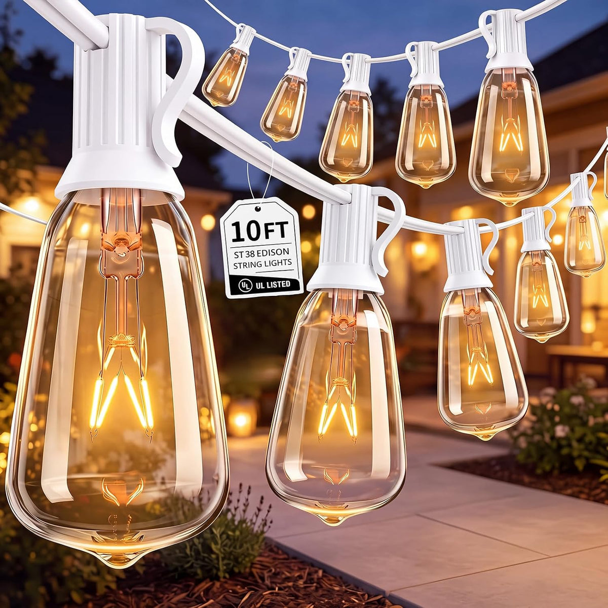 Abeja 10FT ST38 Outdoor Edison String Lights, White Wire Patio Lights with 11 Clear Vintage Bulbs (1 Spare), 7W E12/C7 Base, UL Listed Connectable Hanging Lights for Porch Backyard Wedding